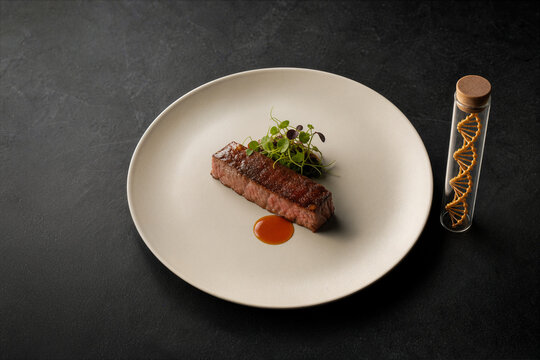 Seared gourmet lab grown meat strip with mahogany crust microgreens amber reduction and specimen vial containing golden DNA helix concept of cultured protein de-extinction bioethics