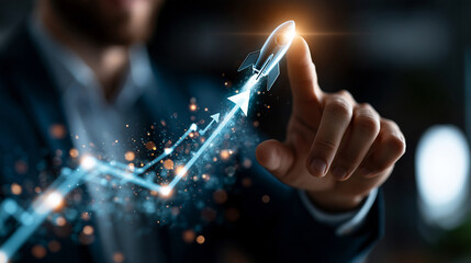 Fototapeta premium An attractive businessman touching a clean virtual rocket launch and up arrow growth graph in a bright setting startup business investment growth success goals partnership
