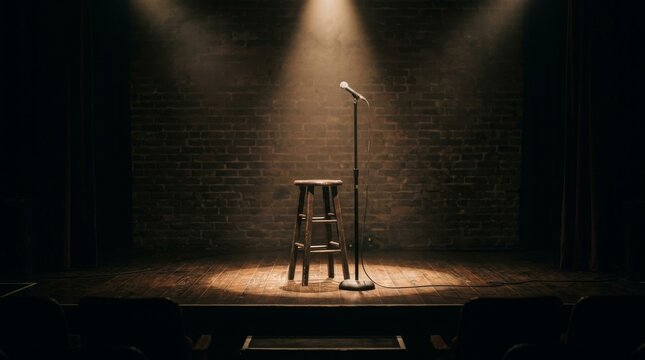Solo Stand-up Comedy Stage with Spotlight, Microphone, and Stool