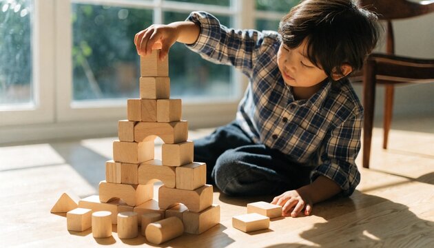 Curious young child building a tall wooden block tower on sunlit floor, creative play at home, Montessori inspired learning, fine motor skills, problem solving, childhood development
