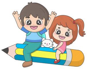 Cute cartoon school boy and girl with pet cat riding on a big pencil