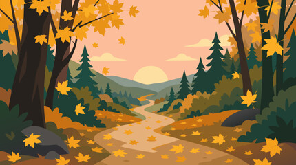 Obraz premium Golden maple leaves swirl across a winding forest path at dawn, serene autumn woodland valley vector with warm sunrise, evergreens, rolling hills and peaceful seasonal travel mood scene