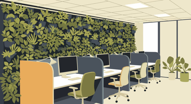Modern office workspace with a vertical green wall of indoor plants