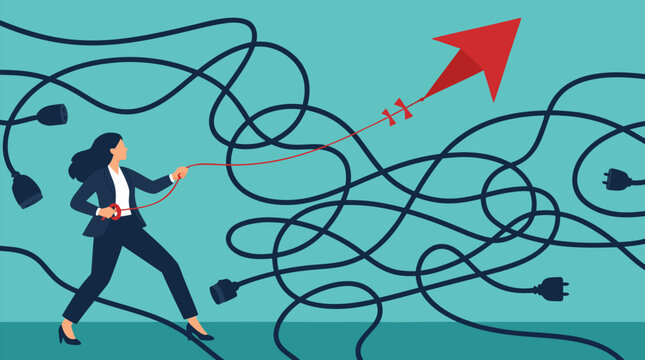 Determined businesswoman steering red arrow kite through tangled electrical cords and plugs, bold metaphor for strategy, leadership, problem solving and career direction amid chaos in business