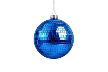 Obraz premium Blue mirror disco ball ornament hanging, celebrating festive holiday party, transparent background, glittering light reflection