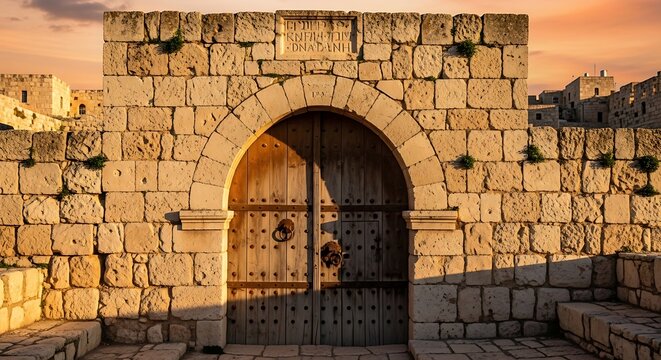 Ancient stone fortress gate with wooden doors at sunset with warm golden light