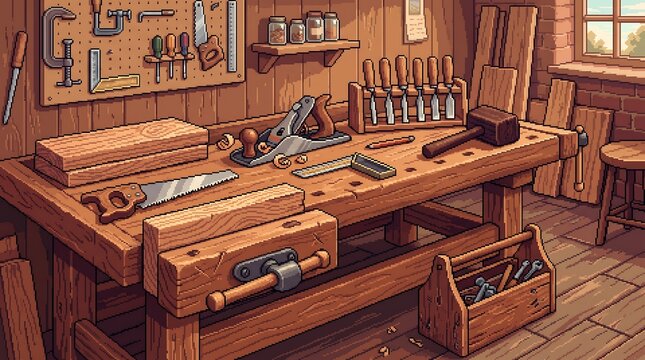 Detailed wooden workbench featuring various hand tools in a cozy retro pixel art style carpentry workshop