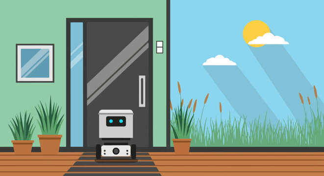 Small delivery robot moving inside a modern office building lobby