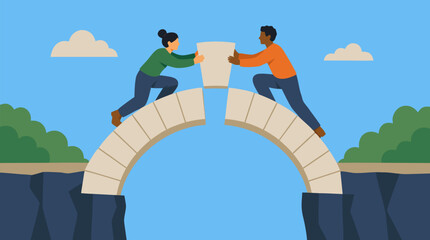 Fototapeta premium Two colleagues place the final keystone into an arch bridge over a gap, symbolic teamwork and collaboration vector illustration about trust, partnership, problem solving, leadership and achievement