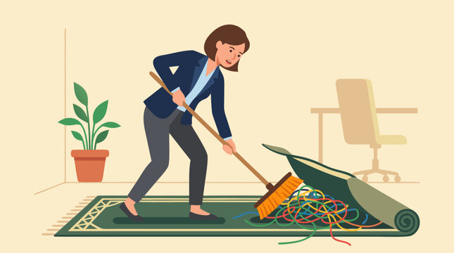 Businesswoman sweeping a growing pile of tangled colorful cables under a rolled office rug, witty corporate vector metaphor for hiding technical debt, clutter and workplace problems