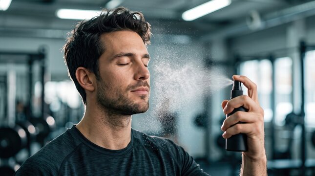 Young man refreshing face with mist spray after intense workout in modern gym.
