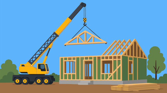 Mobile crane lifting wooden roof truss onto a partially framed new house under construction, residential building site vector illustration for contractors, architecture and home development planning