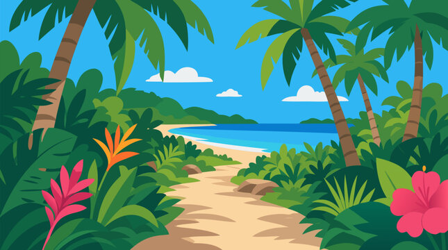 Tropical beach pathway curving through lush palm jungle toward turquoise ocean, white sand, hibiscus flowers and sunny island horizon in vibrant flat vector vacation landscape illustration