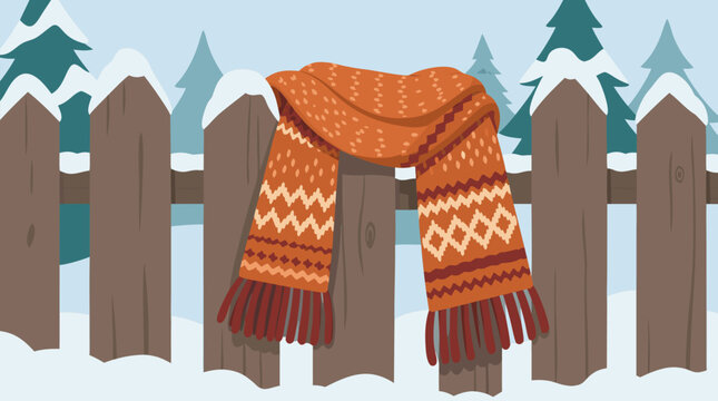 Cozy orange knitted scarf with Nordic patterns draped over a frosted wooden fence, snowy pines and winter village scenery, cheerful vector illustration for seasonal comfort and holiday warmth