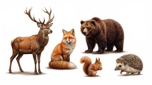 Woodland animals gathered together in forest environment on white background