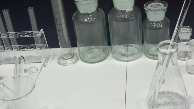 Laboratory glassware on white table. Beaker, flask, and test tube setup for scientific research. Chemistry experiment equipment for academic study, biotechnology, and medical analysis.