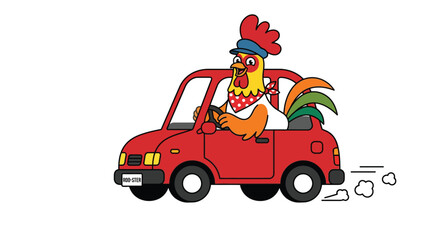 Fototapeta premium A cheerful cartoon rooster wearing a hat and bandana driving a bright red compact car