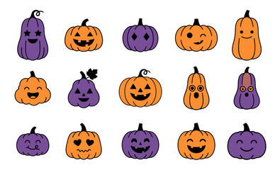 Fototapeta premium Set of cute pixel art pumpkins with different funny faces for halloween holiday design