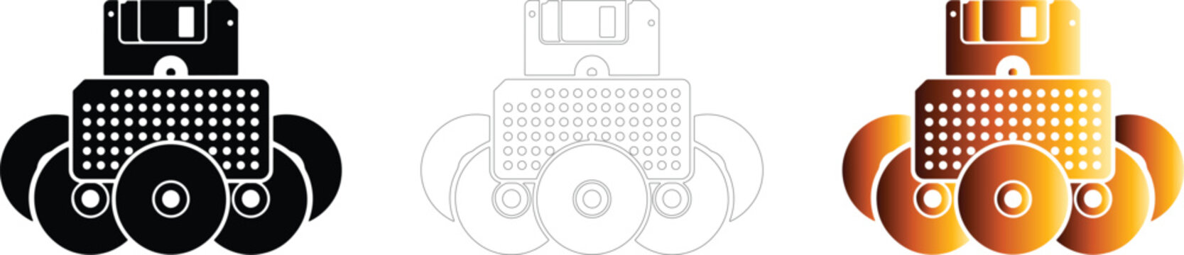 Collection of data storage and computer hardware icons in various artistic styles