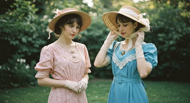 Two women wearing elegant nineteenth-century dresses in a garden, showcasing timeless vintage fashion and refinement
