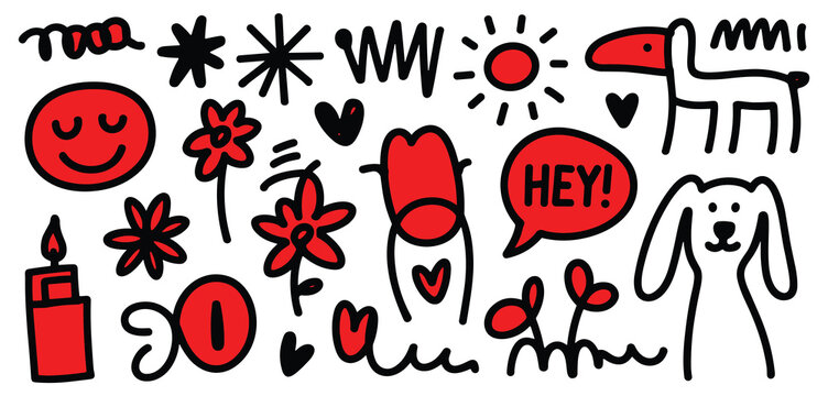 Collection of fun red and black doodle illustrations featuring playful characters and objects on a clean background