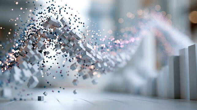 A clean abstract data chart with flowing data blocks representing machine learning on a bright background 3D render abstract data chart machine learning big data data