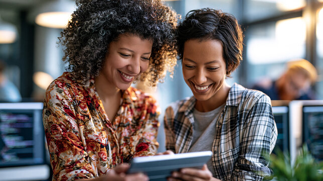 Attractive women in tech collaborating on a UI review with a tablet and clean coding monitors in a bright office women in tech UI review tablet coding monitors