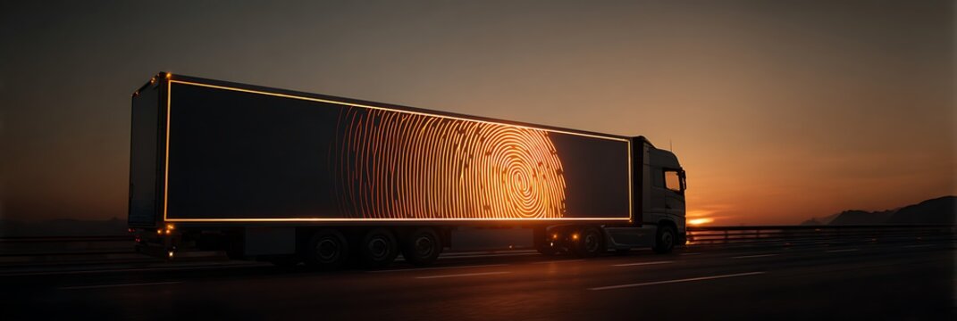 Semi truck driving on highway at sunset featuring glowing fingerprint pattern on trailer side representing secure logistics tracking and modern digital supply chain
