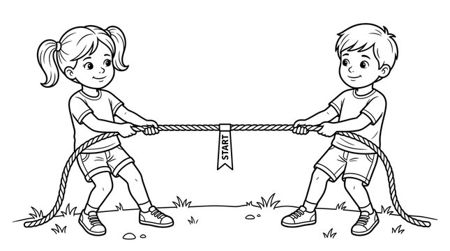 Little Kids Having Fun Playing Traditional Tug Of War Game In The Garden
