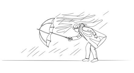 Obraz premium Person battling strong wind and rain with umbrella, continuous line drawing style