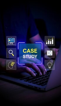Case study education concept. Person use laptop with case study icon on virtual screen for analysis of the situation to find a solution.