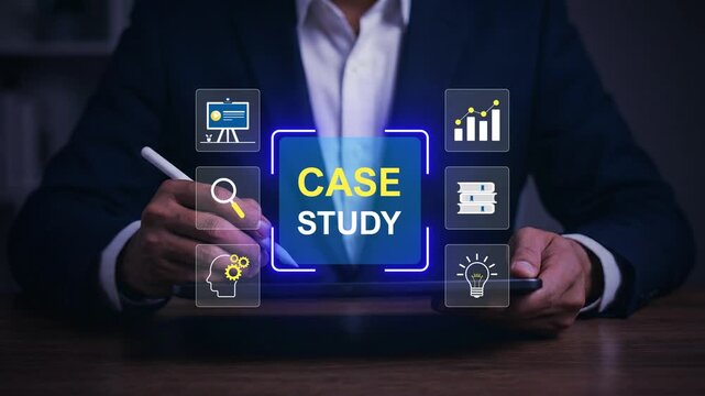 Case study education concept. Person use laptop with case study icon on virtual screen for analysis of the situation to find a solution.