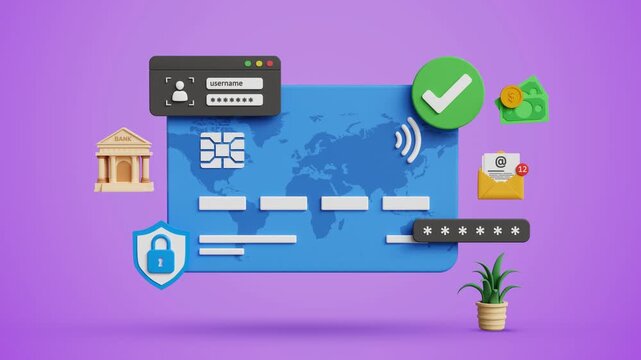 Secure Payments and Online Banking Concept. Fintech Technology, Contactless Payment, Mobile Wallet, E Commerce, Global Digital Payments and Cybersecurity. 3D Video Animation