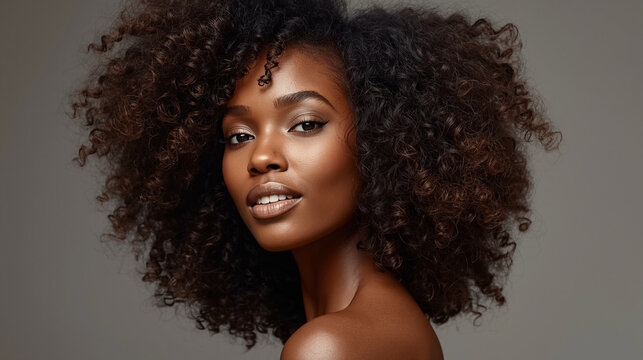 Beautiful Young Mixed Race Woman with Natural Afro Curls Looking at Camera Studio Portrait