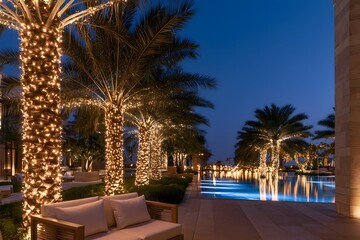Fototapeta premium Wide horizontal luxury holiday destination advertising header featuring illuminated tropical garden alley under a beautiful sunset sky backdrop.