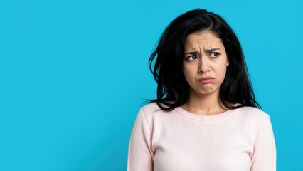 Fototapeta premium Displeased Expression: A young woman with dark hair and an expressive face conveys a feeling of dissatisfaction or mild annoyance, her brows furrowed and lips pursed.