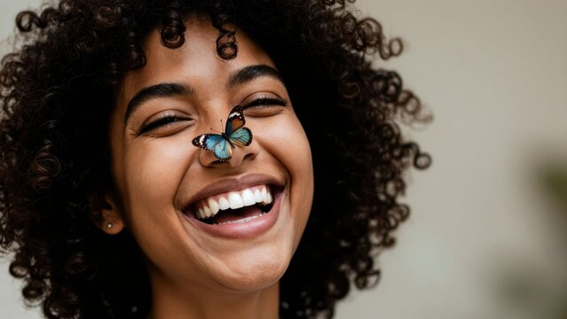 Joyful Encounter: A young woman with curly hair and a radiant smile is surprised and delighted by a butterfly resting on her nose.