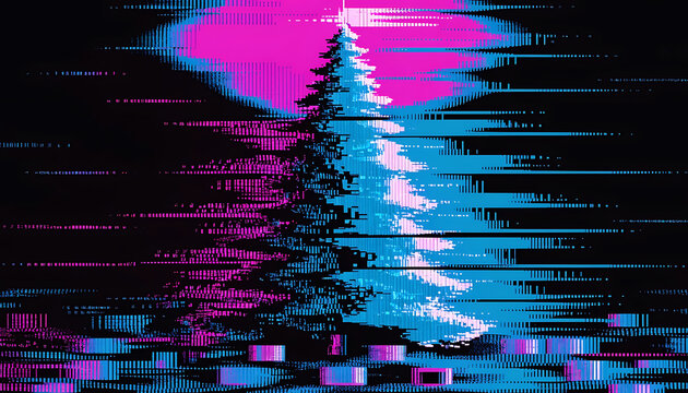 Glitchy pixel Christmas tree with pink and blue hues