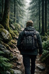 Fototapeta premium Person hiking through a lush, green forest wearing a backpack and beanie.