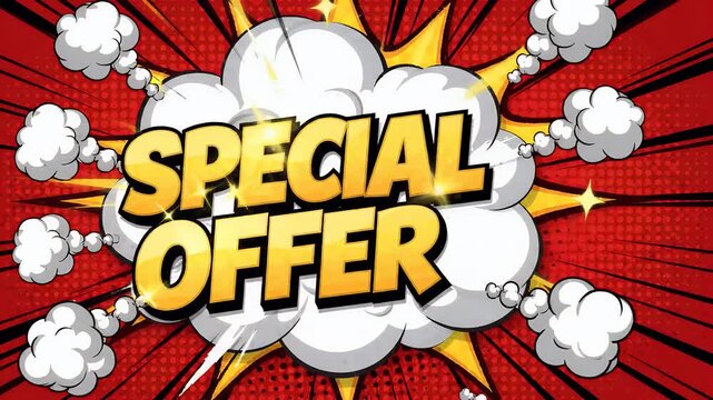 Vintage Comic Red Special Offer Animation. Classic red halftone comic book style background with a big explosion cloud revealing Special Offer text.