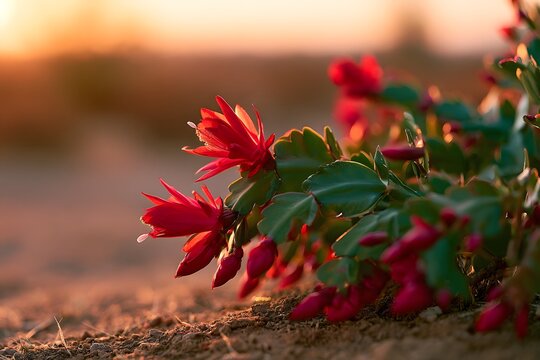 Beautiful Schlumbergera or Christmas cactus with bright red flowers blooming on the ground during a gentle golden sunset, with copy space.