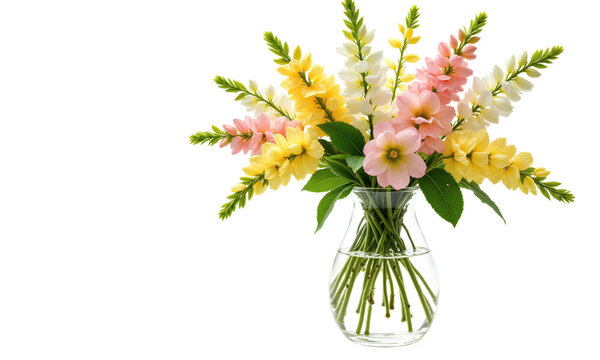 Snapdragons (Antirrhinum) slender, cone-shaped glass vase half-filled with crystal-clear water, holding a cascading arrangement of snapdragons in pastel pink, yellow,_2