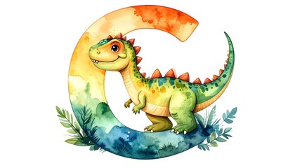 Fototapeta premium A vibrant watercolor illustration featuring a friendly dinosaur standing within the letter 