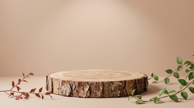 Minimalist product display podium made of a natural wooden log cross section with tree bark and green leaves.