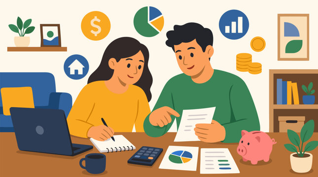 Happy young multicultural couple planning family budget together at wooden table with laptop calculator financial charts floating coins piggy bank house icon in bright modern living room cozy home