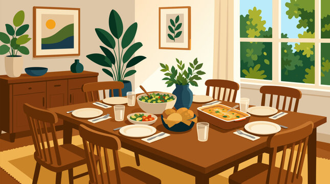 Sunlit wooden dining table set for large family meal with plates bowls casserole salad bread glasses cutlery plants framed art windows bright cozy home interior inviting atmosphere traditional