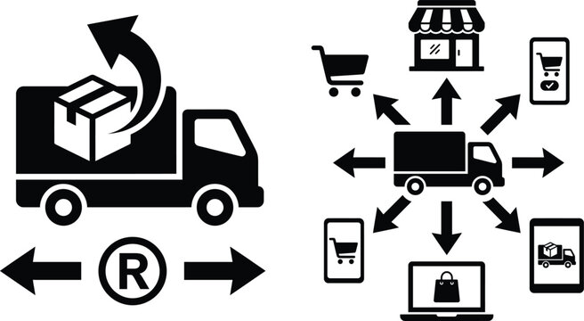 Omnichannel delivery truck vector icon with return package arrow and multi platform e-commerce distribution