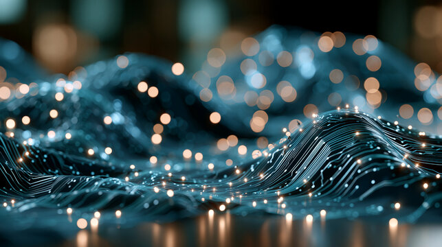 A clean flowing blue digital data fabric with circuit patterns and glowing data points on a bright background 3D illustration data fabric analytics artificial intelligence