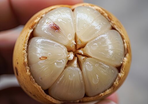 Cross section of ripe duku fruit showing internal seeds.