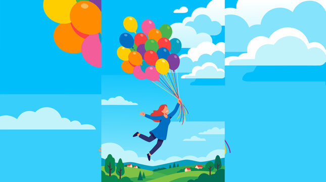 Joyful freedom vector illustration of woman lifted by colorful balloons into bright blue sky above rolling hills, optimism, imagination, celebration, hope, happiness and uplifting adventure